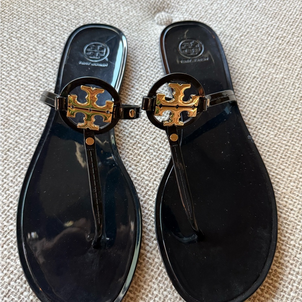 Tory Burch Black Sandals with Gold Logo
